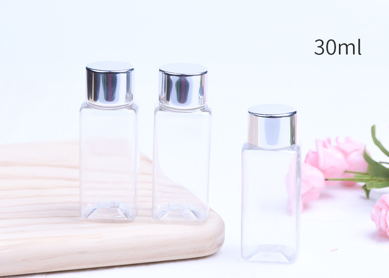 Recipientes cosméticos plásticos claros, garrafas plásticas quadradas com tampas de alumínio