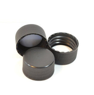 Tampa de rosca de plástico preta canelada lisa de 20 mm, 24 mm, 28 mm com junta de vedação por indução ou junta de vedação sensível à pressão