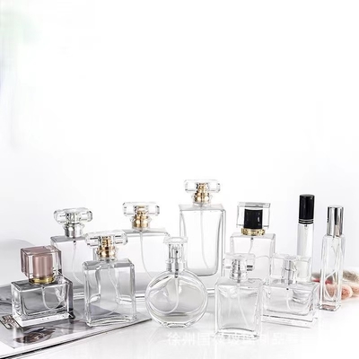 30 ml de 50 ml de 75 ml de vidro de forma cúbica Botelho de névoa de perfume com tampa brilhante
