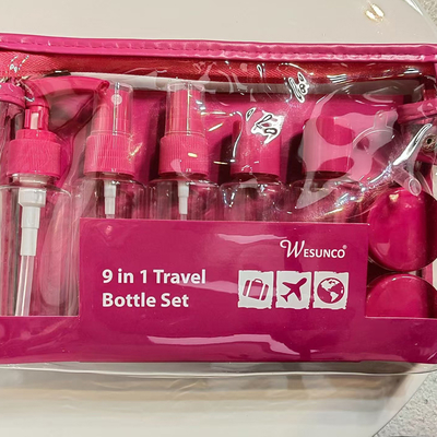 Conjunto de Viagem de Plástico 9 peças de 60ml, Conjunto de Frascos com Zíper, Recipiente Cosmético, Bomba de Loção, Spray, Frasco com Tampa Flip