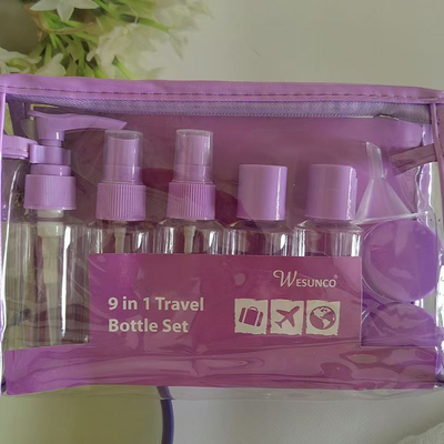 Conjunto de Viagem de Plástico 9 peças de 60ml, Conjunto de Frascos com Zíper, Recipiente Cosmético, Bomba de Loção, Spray, Frasco com Tampa Flip