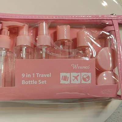 Conjunto de Viagem de Plástico 9 peças de 60ml, Conjunto de Frascos com Zíper, Recipiente Cosmético, Bomba de Loção, Spray, Frasco com Tampa Flip