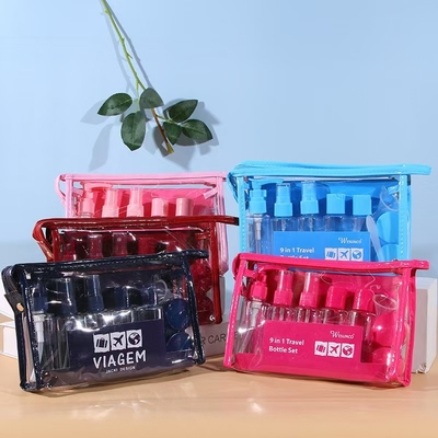 Conjunto de viagem de plástico 60 ml 9pcs Conjunto de viagem de plástico recipiente de garrafa bomba de loção spray Flip Cap garrafa frasco reutilizável