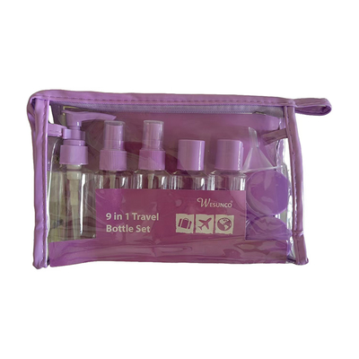 Conjunto de viagem de plástico 60 ml 9pcs Conjunto de viagem de plástico recipiente de garrafa bomba de loção spray Flip Cap garrafa frasco reutilizável