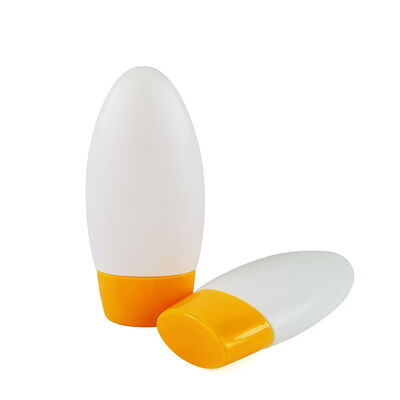 Rolo de protetor solar vazio em forma de ovo oval em garrafa Recipiente de desodorante roll-on de plástico branco fosco com tampa amarela Garrafa cosmética recarregável para loção solar Embalagem de desodorante de óleo corporal