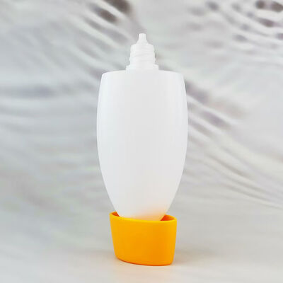 Rolo de protetor solar vazio em forma de ovo oval em garrafa Recipiente de desodorante roll-on de plástico branco fosco com tampa amarela Garrafa cosmética recarregável para loção solar Embalagem de desodorante de óleo corporal
